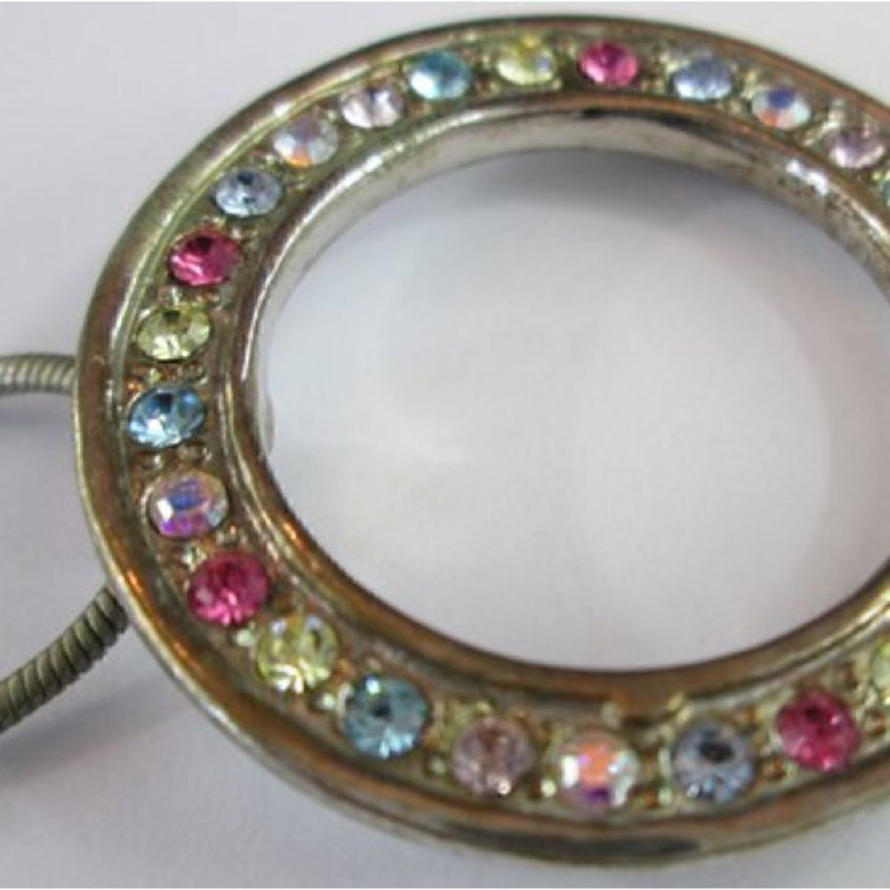 Vintage Chain Necklace With Multicolor Rhinestone Circle Drop Pendant. - Picture 4 of 6